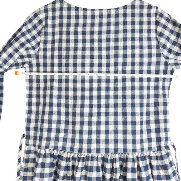 Navy Blue White Gingham Checkered Linen Blend Midi Dress Lagenlook Tie Back - Picture 4 of 9